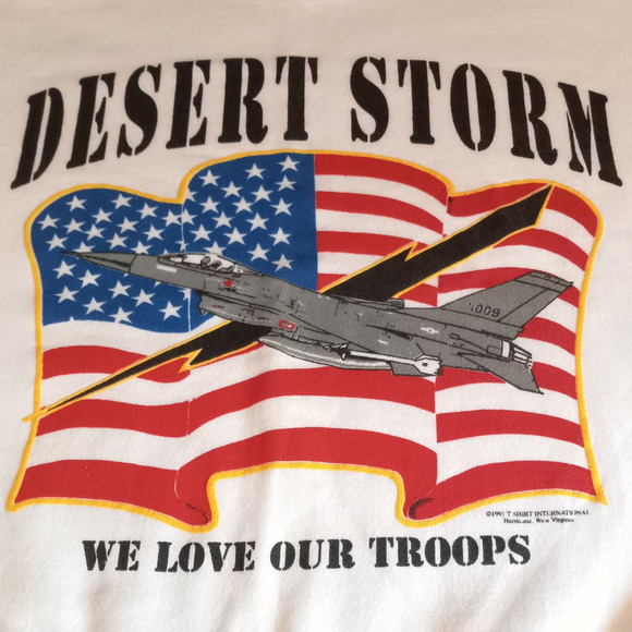 Vintage '91 Desert Storm American Flag Fighter Jet WE LOVE OUR TROOPS Sweatshirt - Picture 2 of 11